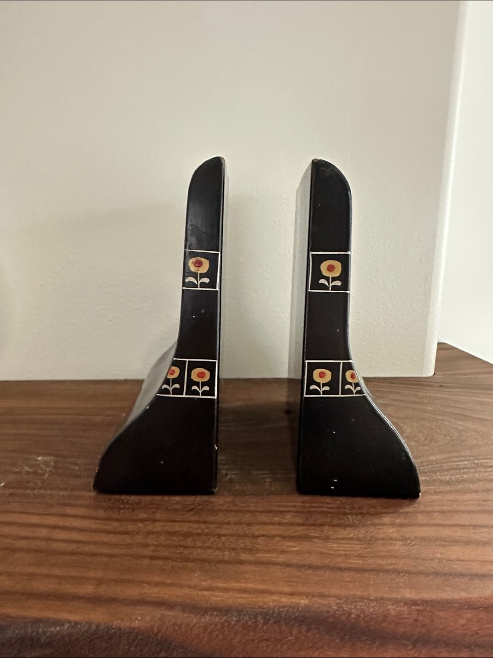 Vintage Mid Century Chinese Black Lacquered Wooden Bookends Hand Painted Floral